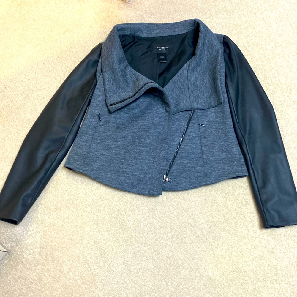 Ann Taylor grey flannel jacket with faux leather sleeves and asymmetric zipper